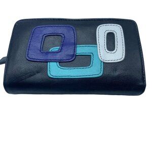 hype Genuine Leather 6" x 3.5" Black Blue Retro Geometric Art Wallet